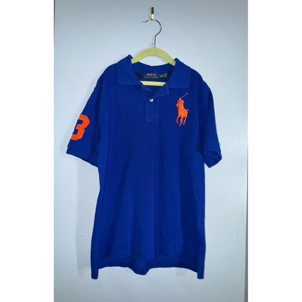 Polo Ralph Lauren short sleeve boys blue with orange large pony‎ rugby 10-12